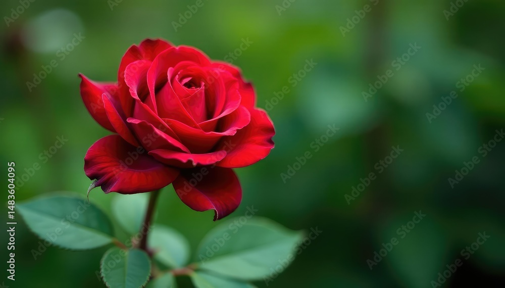 Deep red rose with green foliage in bokeh background, vignette, art, beauty Deep red rose with green foliage in bokeh background, vignette, art, beauty