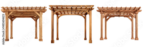 Wooden pergola frame made from acacia wood with clean cuts, Natural Shade Structure, isolated on Transparent background