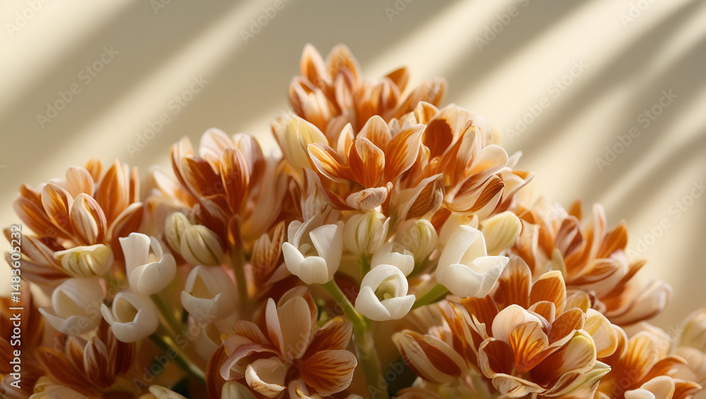 Macro shot of tiny orange, brown, and white blossoms grouped together in a floral cluster, highlighting their texture and color Macro shot of tiny orange, brown, and white blossoms grouped together in a floral cluster, highlighting their texture and color