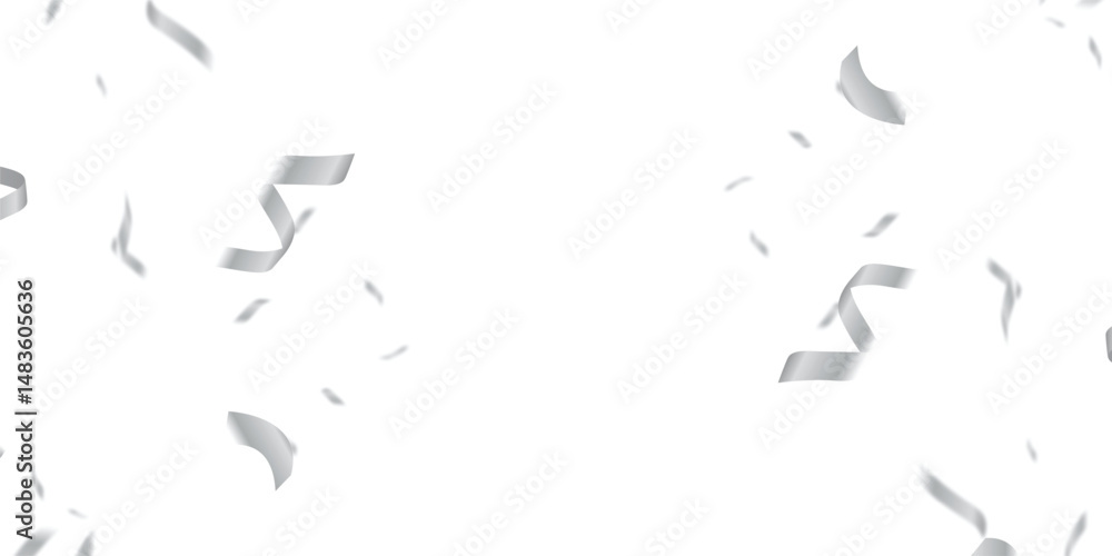 Fototapeta premium Elegant silver confetti and streamers fall gracefully in a seamless, Seamless Elegant Silver Confetti and Ribbon Overlay on Transparent Background for Luxurious Event Designs