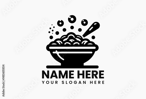 Simple black and white graphic of a cereal bowl with milk splash and wheat on a clean vector logo white background. Food concept