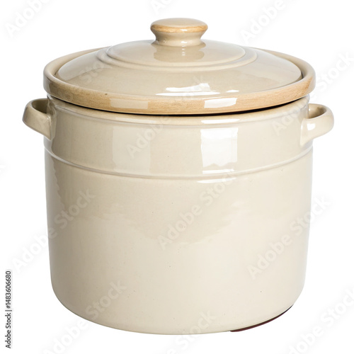 Traditional beige fermentation crock with lid, perfect for fermenting vegetables, isolated on a white background with transparent background, offering versatility for various design projects