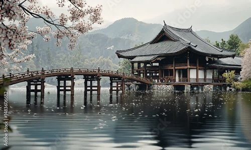 Wallpaper Mural Serene lakeside view of a traditional Asian pavilion surrounded by cherry blossoms in bloom Torontodigital.ca