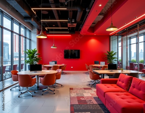 an interior office space with modern design elements. red walls create a vibrant backdrop, contrasting with the cool tones of the room's furnishings