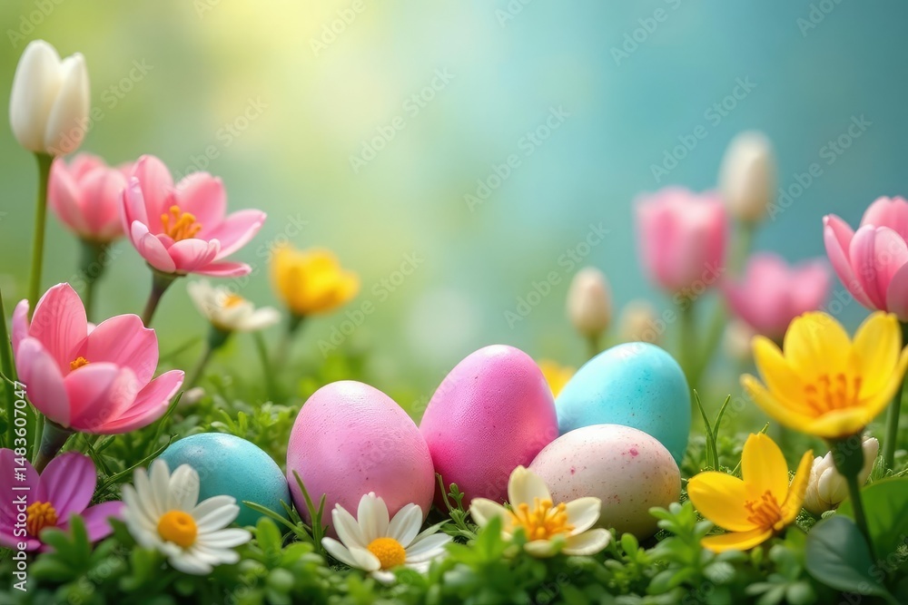 Vibrant pastel Easter eggs nestled in spring flowers A cheerful springtime scene , background, bright, colorful Vibrant pastel Easter eggs nestled in spring flowers A cheerful springtime scene , background, bright, colorful