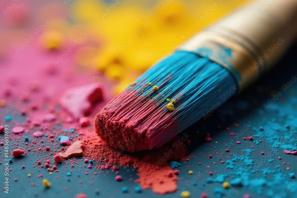 Fototapeta premium Close-up of worn paintbrush bristles, vibrant paint hues , acrylic, still life, worn