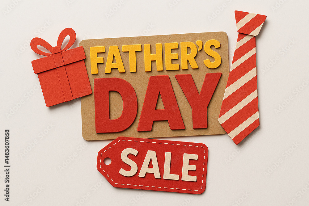 Fototapeta premium Festive fathers day celebration with a red gift box tie and fathers day sale tag on a white background
