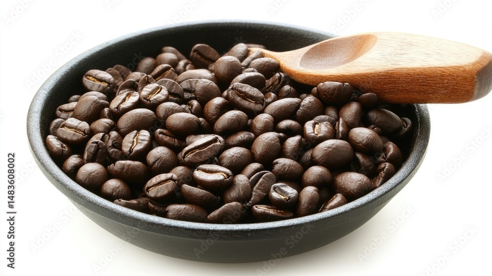 Fototapeta premium Coffee Beans in Bowl with Wooden Spoon Isolated on White