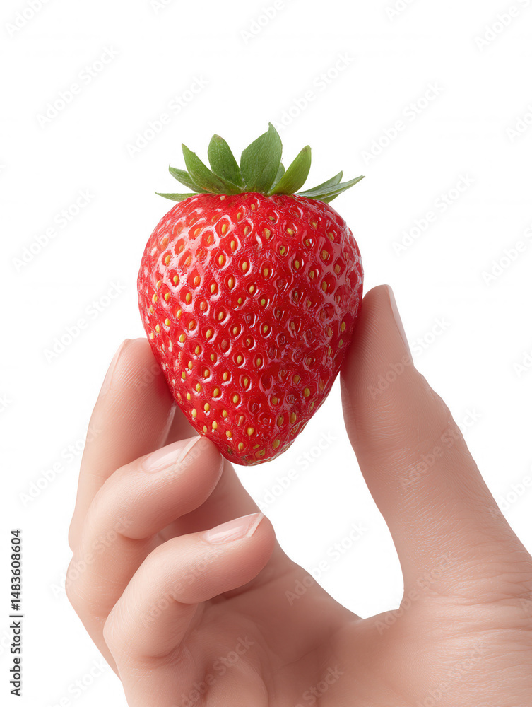 Obraz premium A single ripe red strawberry with seeds and a green stem is held delicately between a person's thumb and forefinger against a clean white background providing contrast.