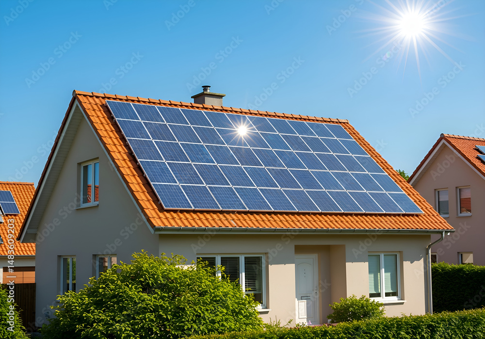 Fototapeta premium Residential Solar Panels on Tiled Roof with Bright Sun Flare: Sustainable Green Energy Future for Modern Homes, Eco-Friendly Power Technology.