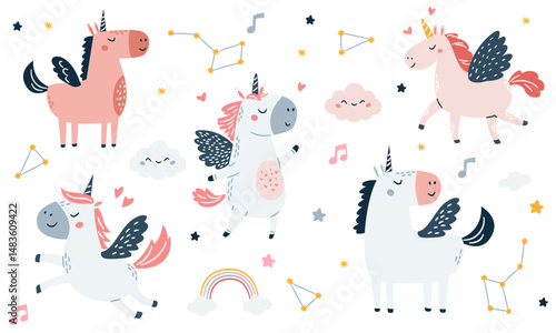 A set of flat vector illustrations in a simple children's style. Cute unicorns with wings, stars, clouds, constellations, notes . Vector illustration