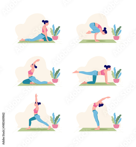 Yoga Workout Set. Young woman practicing Yoga poses. Woman workout fitness, aerobic and exercises.