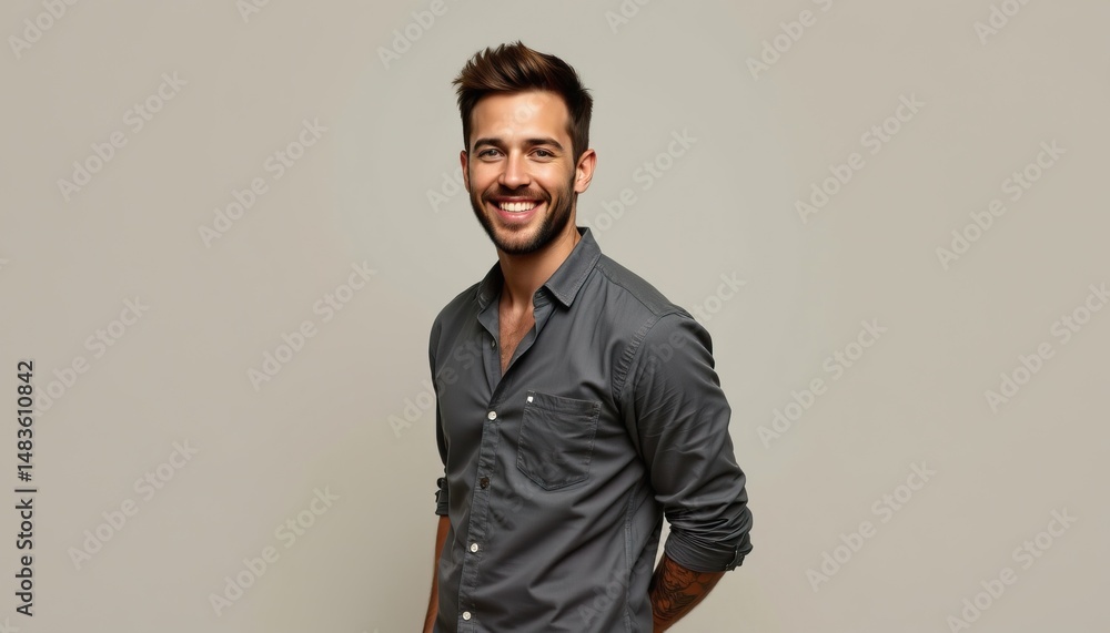Fototapeta premium Handsome Young Man Smiling in Casual Gray Shirt Against Neutral Background