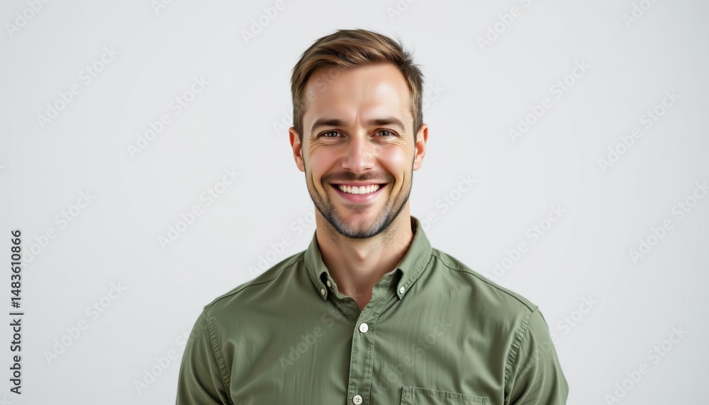 Obraz premium Smiling Young Man in Casual Olive Green Shirt with Neutral Background