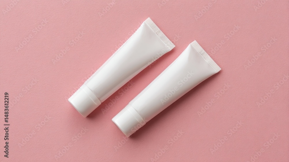 Two white tubes of cosmetic product on pink background Two white tubes of cosmetic product on pink background