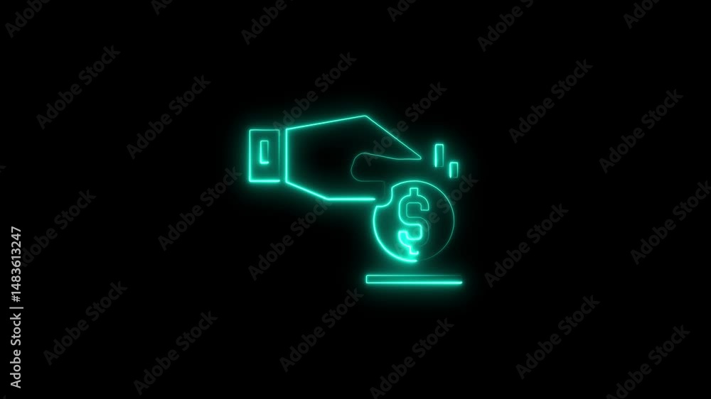 Animated neon hand placing dollar symbol coin on black background Animated neon hand placing dollar symbol coin on black background
