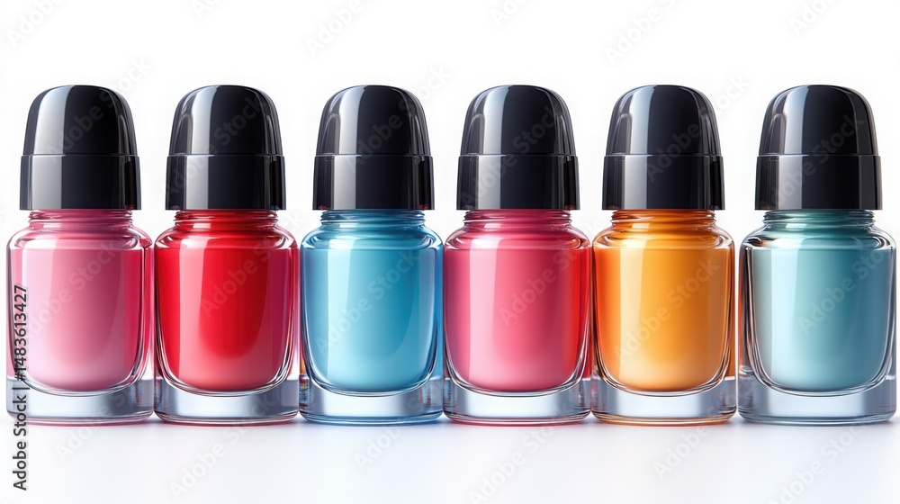 Six Colorful Nail Polish Bottles in a Row Beauty Product Manicure Supplies Cosmetics Six Colorful Nail Polish Bottles in a Row Beauty Product Manicure Supplies Cosmetics