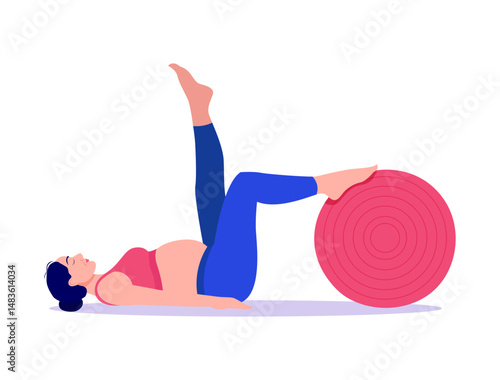 beautiful young pregnant woman exercises with fit ball in the gym. Working out and fitness, pregnancy concept. Vector illustration isolated on white background.