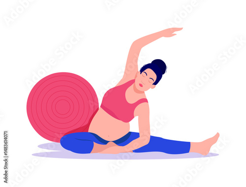 beautiful young pregnant woman exercises with fit ball in the gym. Working out and fitness, pregnancy concept. Vector illustration isolated on white background.