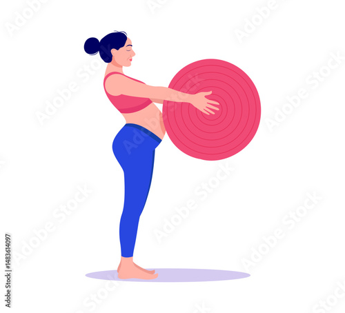 beautiful young pregnant woman exercises with fit ball in the gym. Working out and fitness, pregnancy concept. Vector illustration isolated on white background.