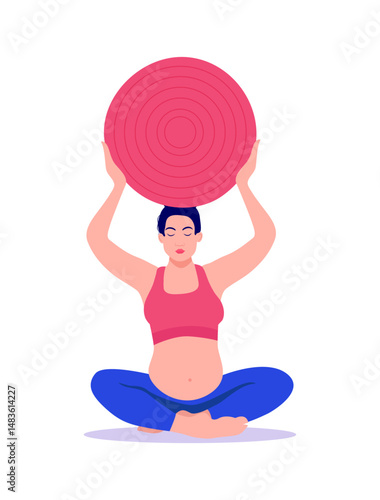 beautiful young pregnant woman exercises with fit ball in the gym. Working out and fitness, pregnancy concept. Vector illustration isolated on white background.