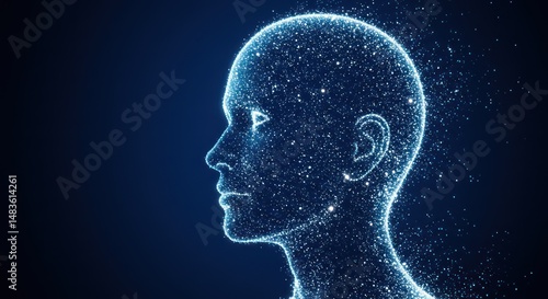 Abstract human head silhouette made of glowing particles on a dark background.
