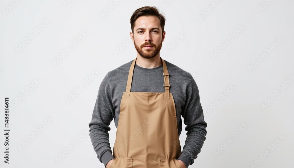 Fototapeta premium Confident Male Model in Apron Posing for Portrait Against White Background