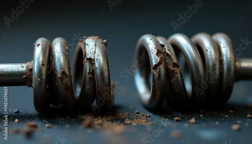 Close-up of a broken spring, showing the separated coils and fractured metal , engineering, ruptured