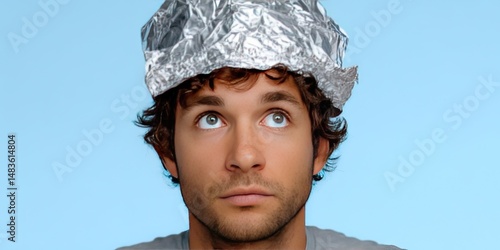 man wearing a tinfoil hat, conspiracy theorist acting smart 
