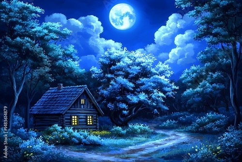 Nighttime cabin in a forest