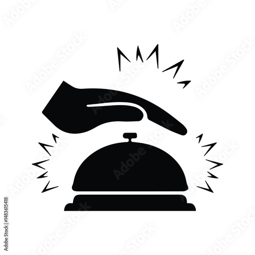 Reception desk bell icon. Illustration of a bell attendant with a hand pressing symbol. Hotel bell.