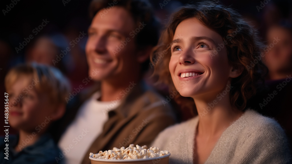 Family Enjoying Movie Night Together in Cozy Theater Family Enjoying Movie Night Together in Cozy Theater