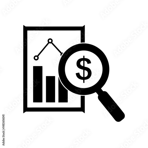chart with dollar sign magnifier icon on white 