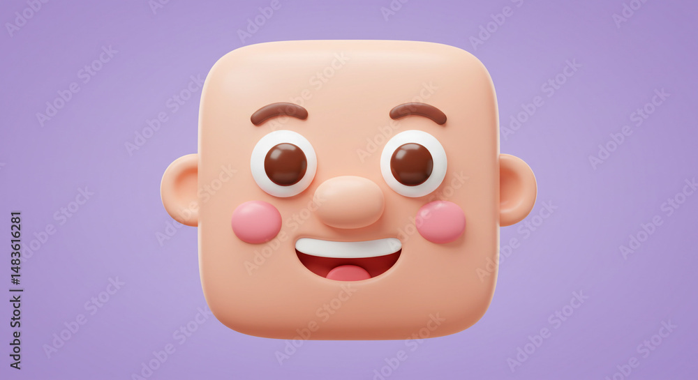 Fototapeta premium Happy 3D Cartoon Face Joyful Square Head Emoji Cute Smiling Character Illustration