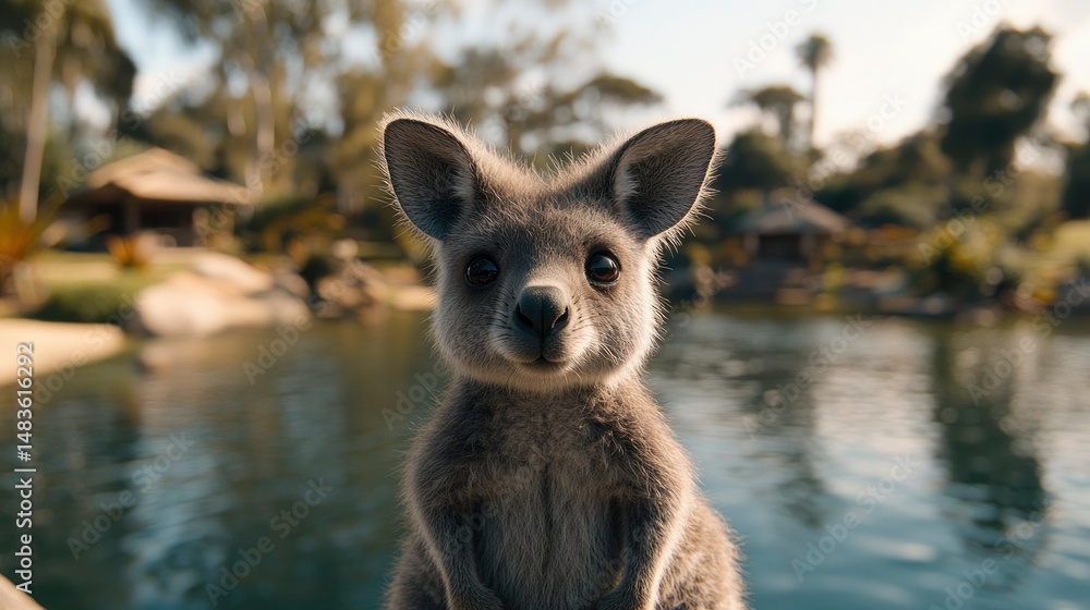 Fototapeta premium Adorable Joey Kangaroo Posing by the Pond