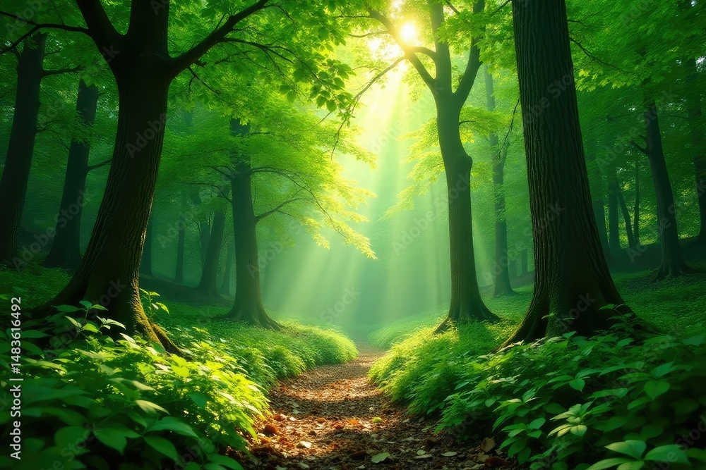 Obraz premium Dense forest with sunlight filtering through leaves, shadows, branches, thicket