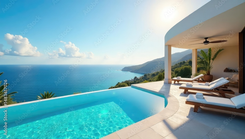 Fototapeta premium Sun-drenched coastal villa with infinity pool, resort, luxury