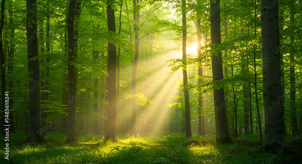 Obraz premium Sunlit Forest Sanctuary: Golden Sunbeams Through Lush Green Trees, Enchanting Woodland Landscape, Serene Nature Scene, Morning Light.