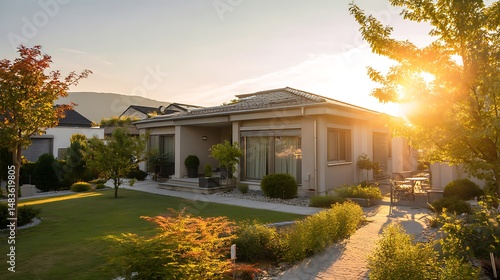 Single-family home with a garden captured in golden hour glow, showing modern architecture, detailed textures, and clean surroundings.
