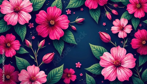 Vibrant fuchsia floral pattern, perfect for textile design and wallpaper Bold blooms and lush leaves , spring, fabric, flower pattern