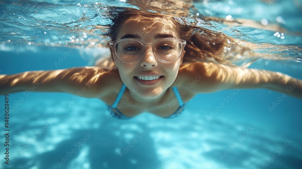 Naklejka premium Smiling woman swims underwater