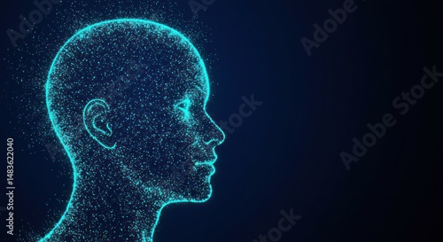 Digital human head outline composed of glowing dots against a dark background.