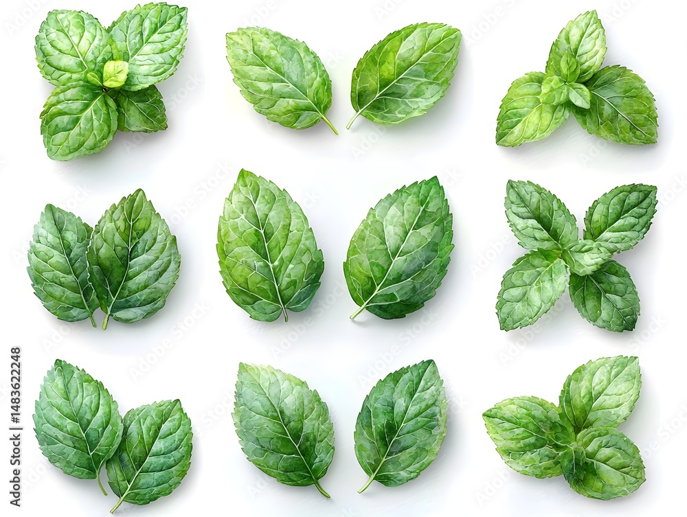 A vibrant collection of fresh mint leaves on a clean white background A vibrant collection of fresh mint leaves on a clean white background