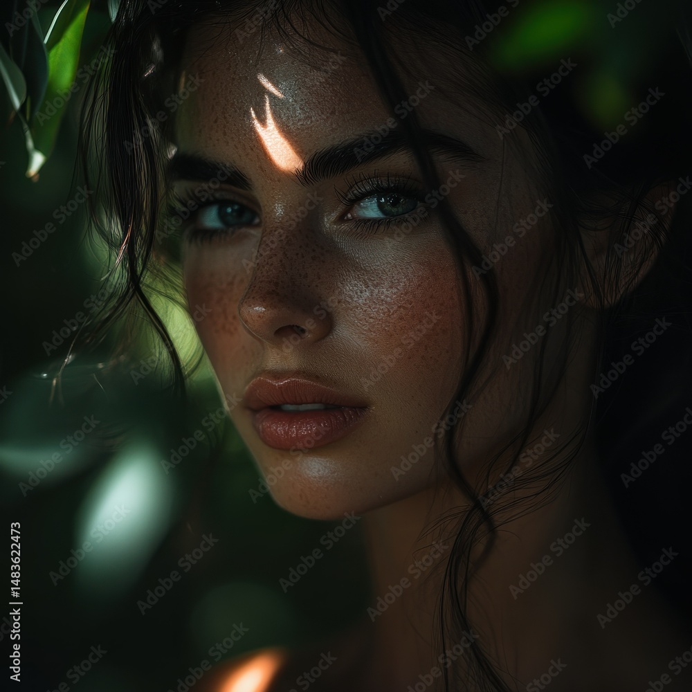 Close-up portrait of a woman with natural beauty, sunlit freckles and lush hair Close-up portrait of a woman with natural beauty, sunlit freckles and lush hair