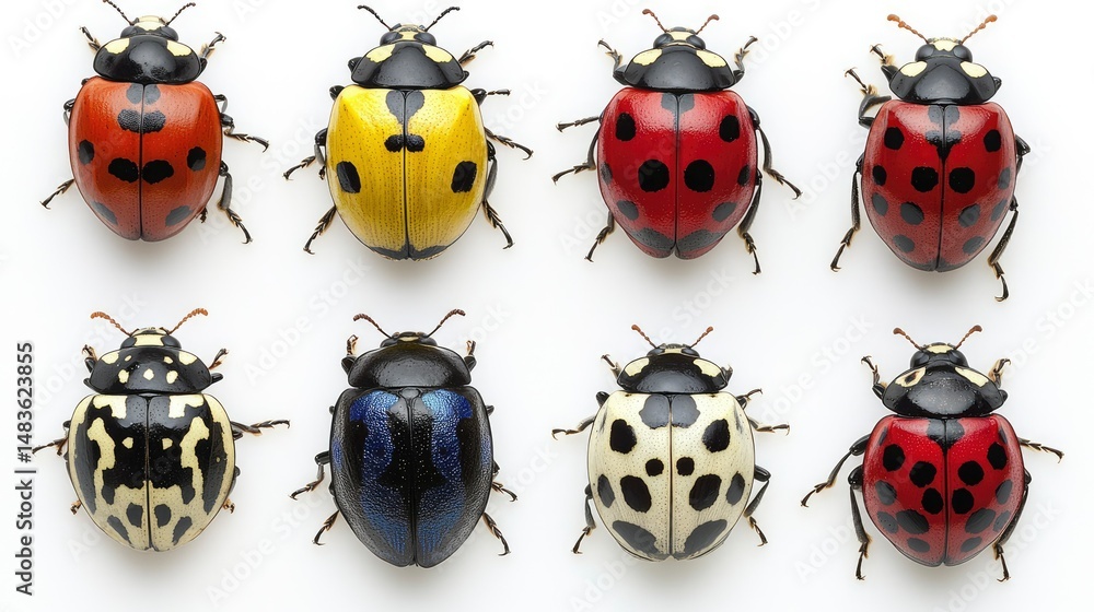 Fototapeta premium Six Colorful Ladybugs on White Background - Detailed Macro Photography of Diverse Ladybug Species