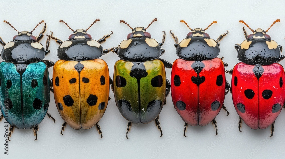 Fototapeta premium Five Vibrant Jewel Beetles in a Row - Close-up Macro Photography