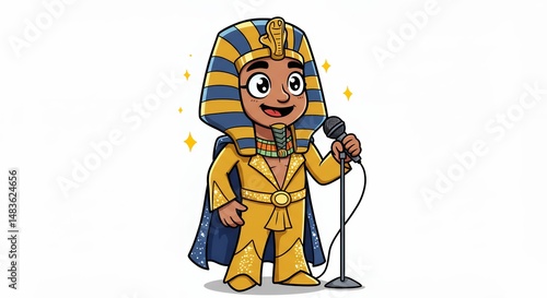 Cartoon character in pharaoh costume singing into microphone