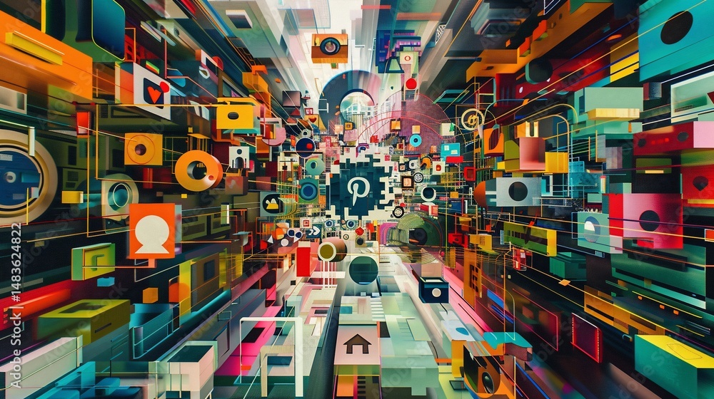 Naklejka premium Abstract digital art explosion, colorful, interconnected icons