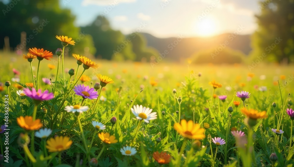 Obraz premium Sun-drenched meadow, wildflowers bloom vibrantly , beauty, vibrant