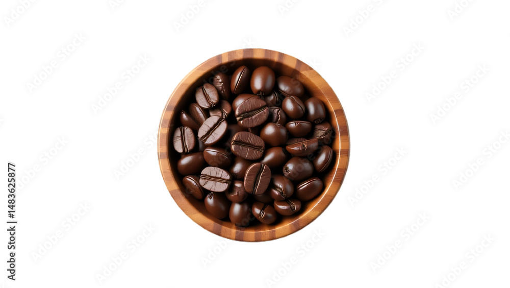 Fototapeta premium Closeup of Dark Coffee Beans in Traditional Polish Wooden Bowl, Isolated on White